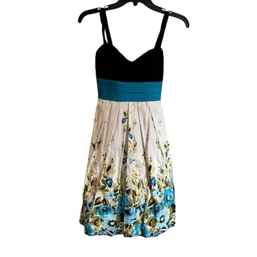 IZ Byer Dress Junior Size 3 Black Bodice and with Floral Skirt and Tie